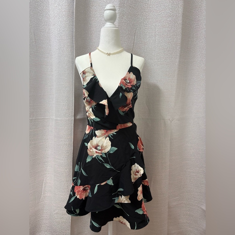 Mine Black Floral Mini Dress Women’s Small Babydoll Dark Romantic Fairy Ruffles